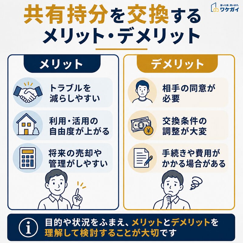 共有持分を交換するメリットとデメリットを比較した図