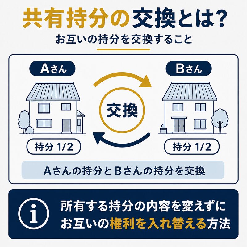 共有持分の交換でAさんとBさんがお互いの持分を入れ替える仕組みを示した図