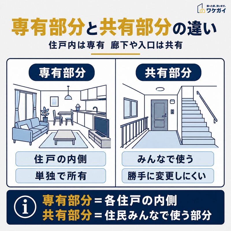 マンションの専有部分と共有部分の違いを住戸内と共用廊下の図で比較した図解