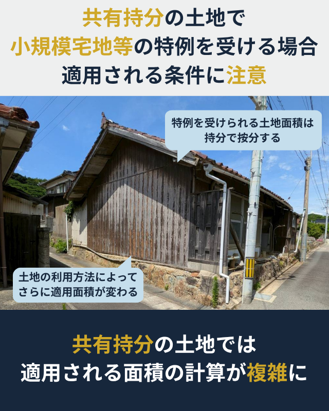 共有持分の土地で小規模宅地等の特例を受ける場合、適用される面積が変わることを示した図解