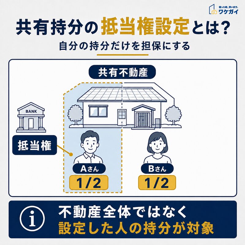 共有持分のうちAさんの持分2分の1だけに抵当権を設定する仕組みを示した図