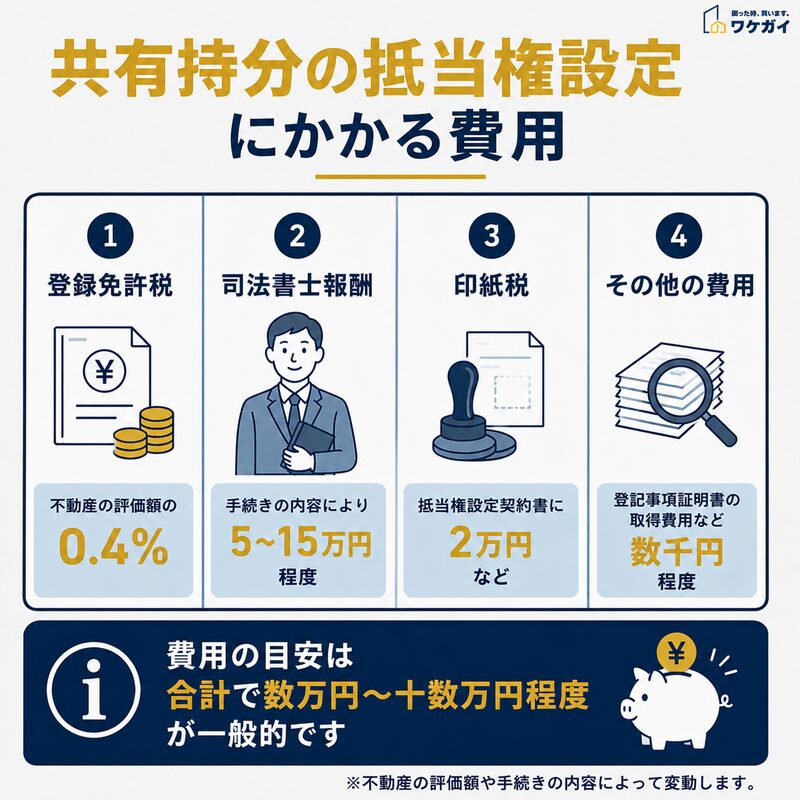 共有持分の抵当権設定にかかる登録免許税や司法書士報酬などの費用を示した図