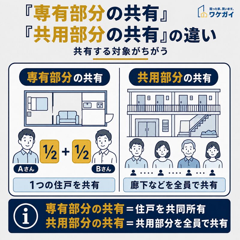 専有部分の共有と共用部分の共有の違いを共同所有する対象別に比較した図解