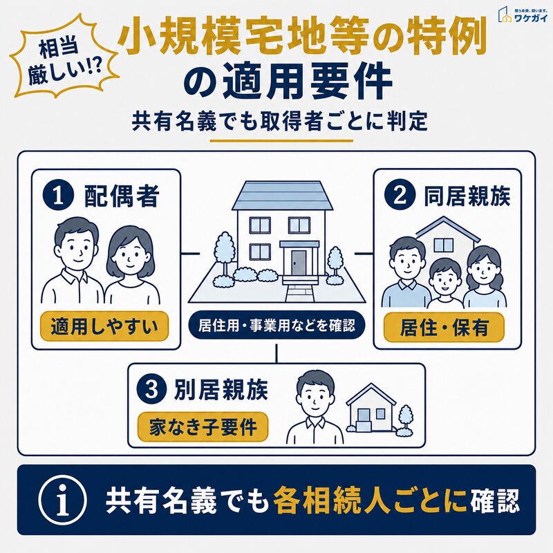 小規模宅地等の特例の適用要件を配偶者・同居親族・別居親族ごとに示した図