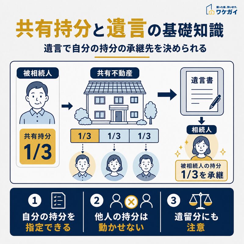 共有持分と遺言の基礎知識を示す図解