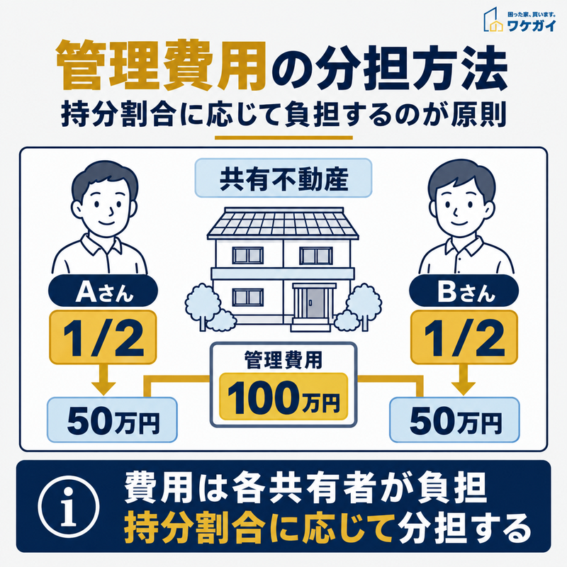 共有不動産の管理費用100万円を持分2分の1ずつの共有者が50万円ずつ負担する例