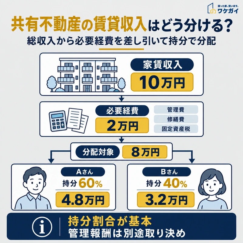 共有不動産の家賃収入10万円から必要経費2万円を差し引き、持分60％と40％で分配する計算例