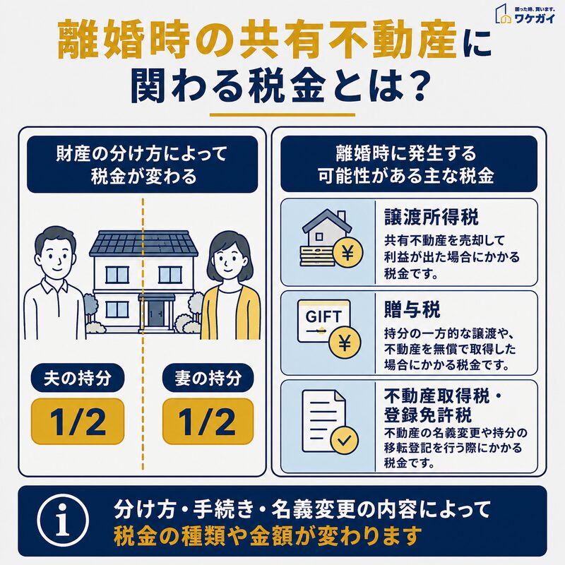 離婚時の共有不動産に関わる主な税金を示した図解