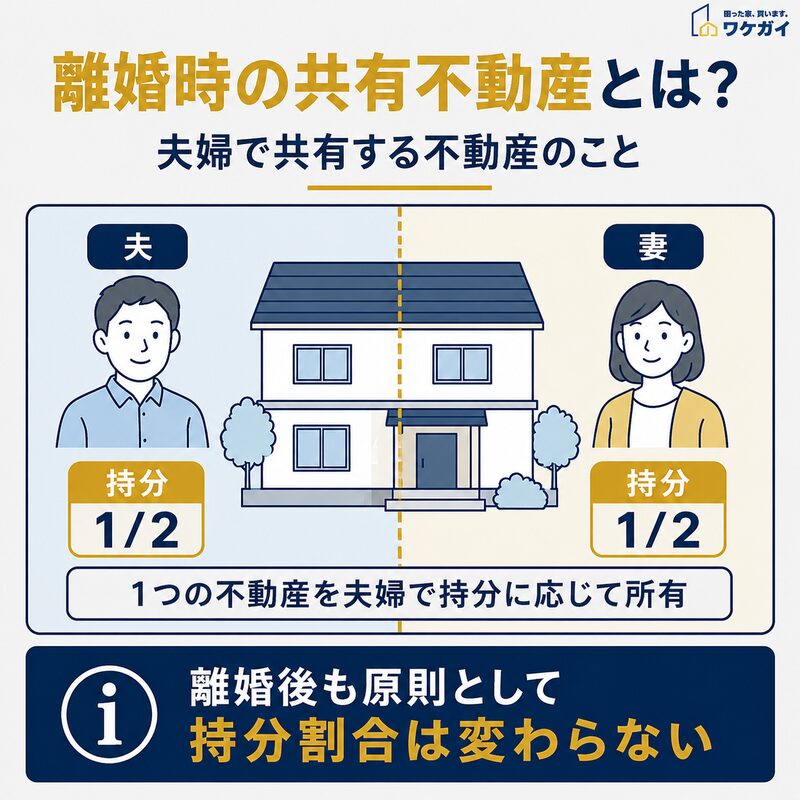 離婚時の共有不動産と夫婦それぞれの持分を示した図解