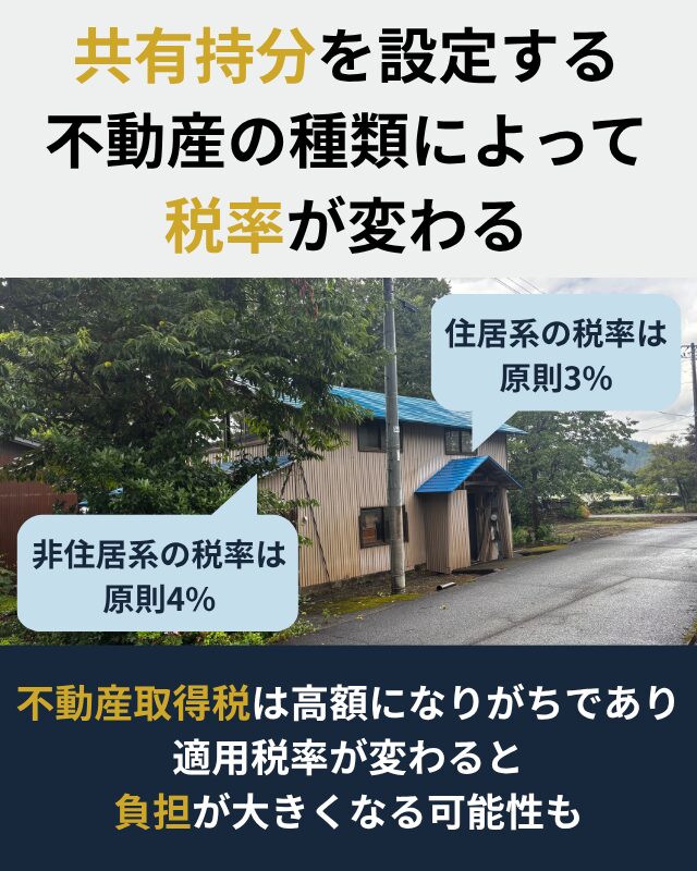 共有持分を取得したときの不動産取得税は、建物の用途によって変わることを示した図解