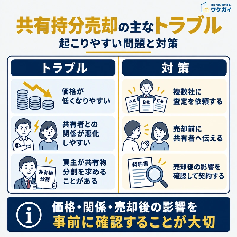 共有持分の売却によってAさんの持分がCさんへ移り、Bさんの持分は変わらないことを示す図解