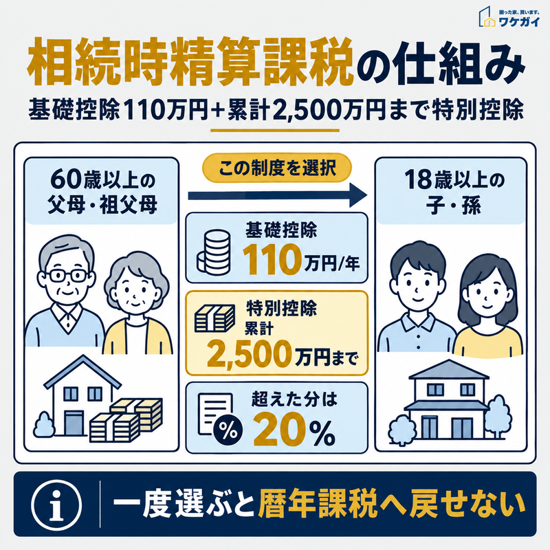 60歳以上の父母・祖父母から18歳以上の子・孫への贈与について、年間110万円の基礎控除、累計2,500万円の特別控除、超過分20％の税率を示した図解