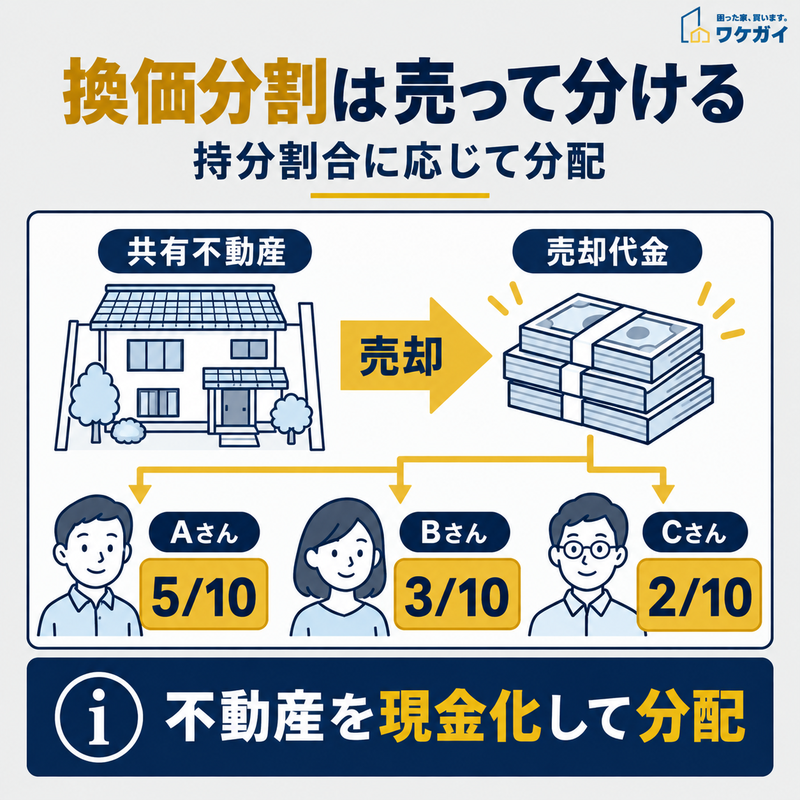 共有不動産を売却し、売却代金をAさん5/10、Bさん3/10、Cさん2/10の持分割合に応じて分配するイラスト図解