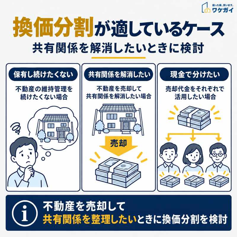 不動産を保有し続けたくない場合、共有関係を解消したい場合、売却代金を現金で分けたい場合の3つを示したイラスト図解