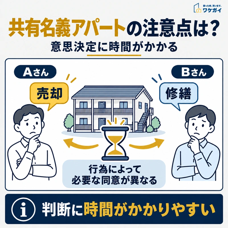 共有名義アパートについてAさんは売却、Bさんは修繕を希望し、意見が対立しているイラスト