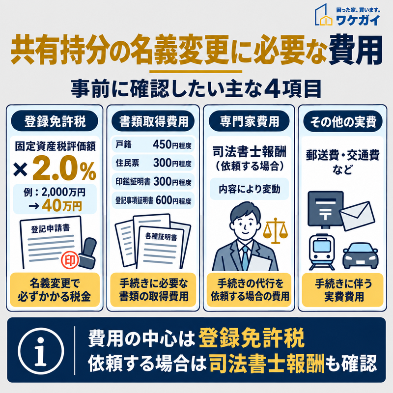 共有持分の名義変更にかかる登録免許税、書類取得費用、専門家費用、その他の実費を整理した図解