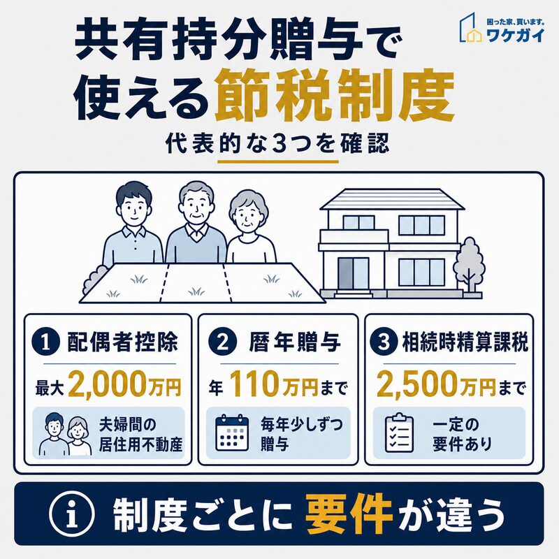 土地の共有持分贈与で利用できる配偶者控除・暦年贈与・相続時精算課税を解説した図