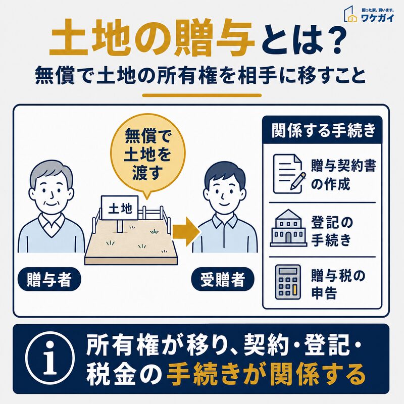 土地の贈与とは、土地の所有権を無償で相手に移し、贈与契約や登記、贈与税の手続きが関係することを示す図