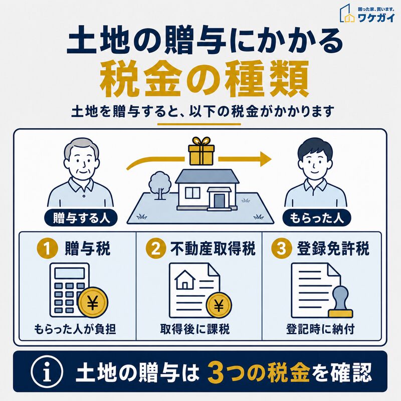 土地の贈与にかかる贈与税・不動産取得税・登録免許税の3種類を解説した図