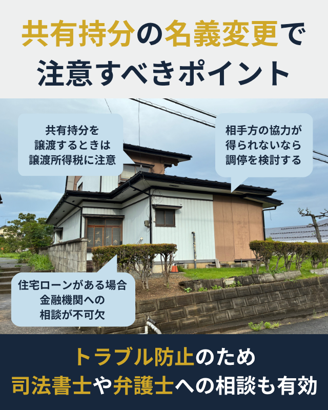 共有持分の名義変更で事前に確認したい住宅ローン、相手方の協力、税金の注意点をまとめた図解