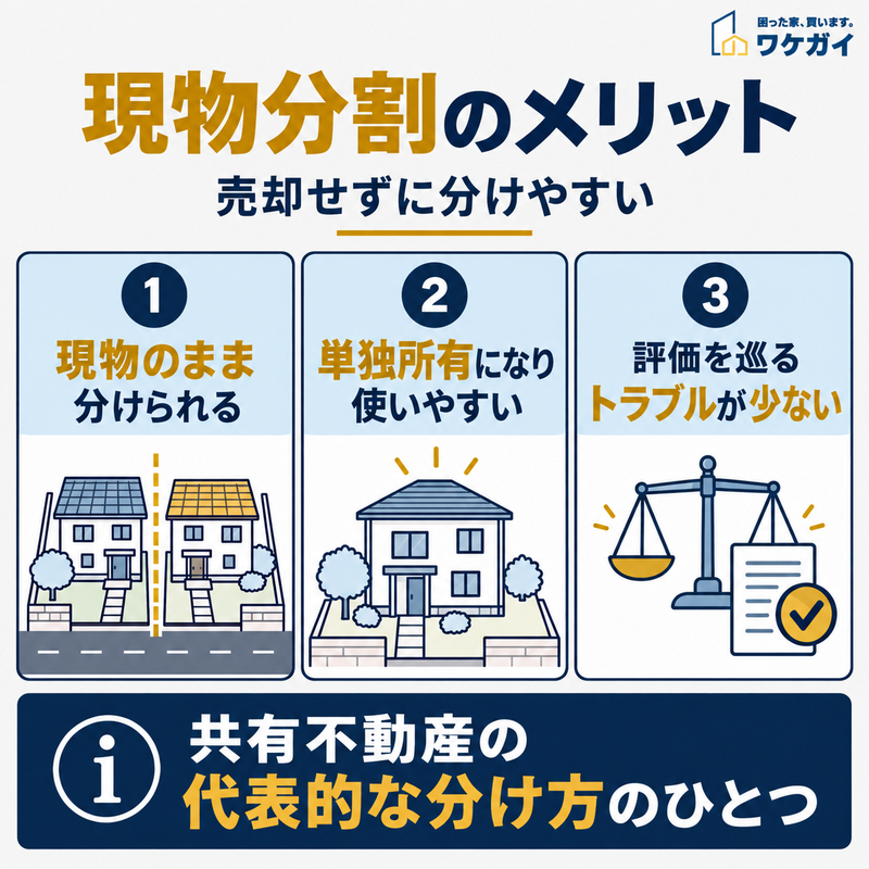 現物のまま財産を分けられること、単独所有による使いやすさ、評価を巡るトラブルの少なさを3つのイラストで説明した図解