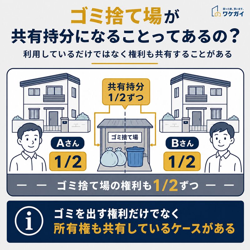ゴミ捨て場をAさんとBさんが2分の1ずつ共有持分として所有するケースの図解