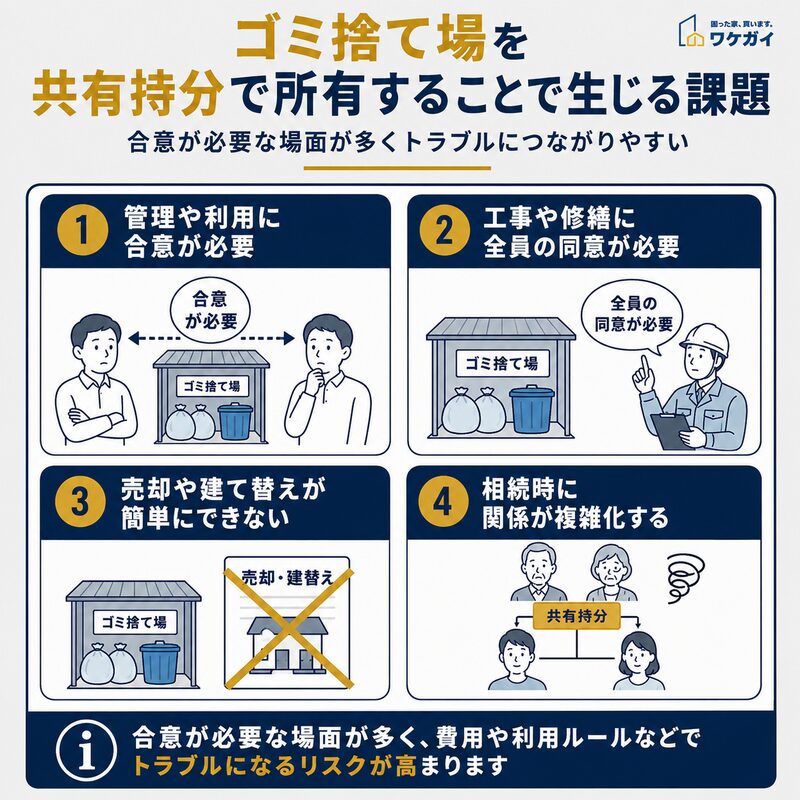 ゴミ捨て場を共有持分で所有することで生じる管理・修繕・売却・相続の課題を示した図解
