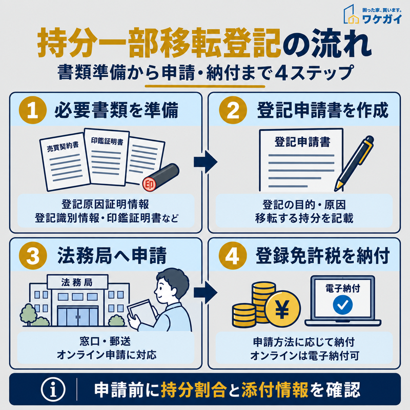 持分一部移転登記の必要書類準備から申請と登録免許税納付までの流れ