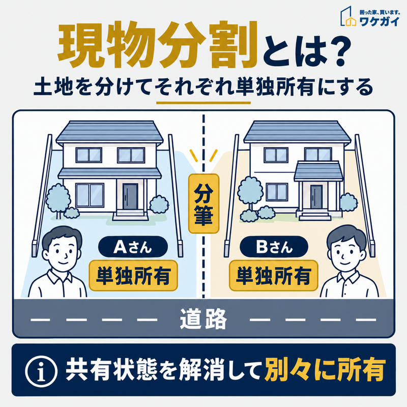共有していた土地を分筆し、AさんとBさんがそれぞれの土地を単独所有する現物分割の仕組みを示した図解