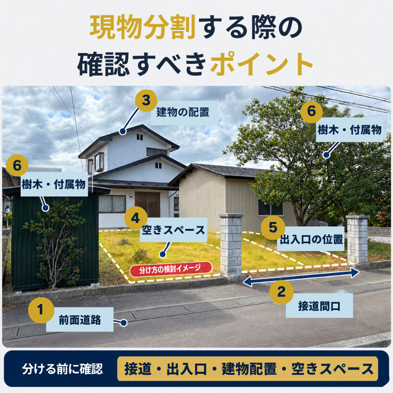 住宅と庭、前面道路が写る実際の不動産写真に、現物分割を検討する際の接道間口、建物の配置、出入口、空きスペース、樹木・付属物などの確認箇所を示した図解