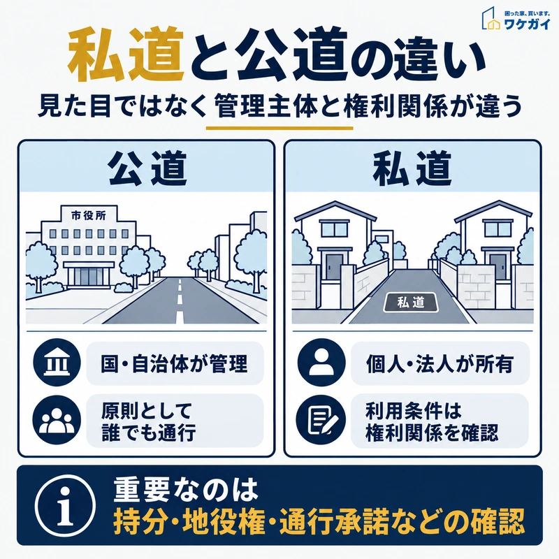 公道と私道の管理主体や権利関係の違いを比較した図解
