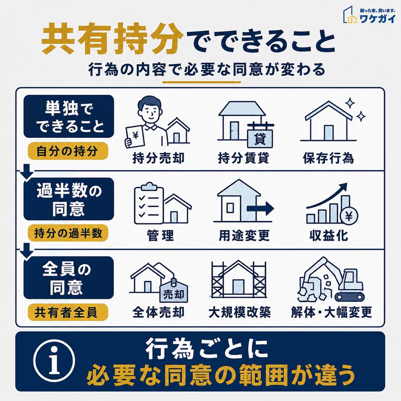 共有持分でできることを、単独でできる行為・持分の過半数の同意が必要な行為・共有者全員の同意が必要な行為に分けて示した図解