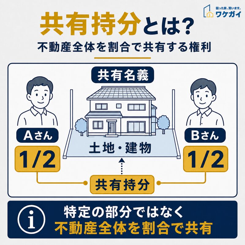 共有持分とは、不動産全体を割合で共有する権利であることを、AさんとBさんが2分の1ずつ土地・建物を共有する図で示したイラスト