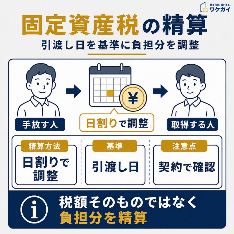 固定資産税を引渡し日を基準に日割りで精算する仕組みを示した図解