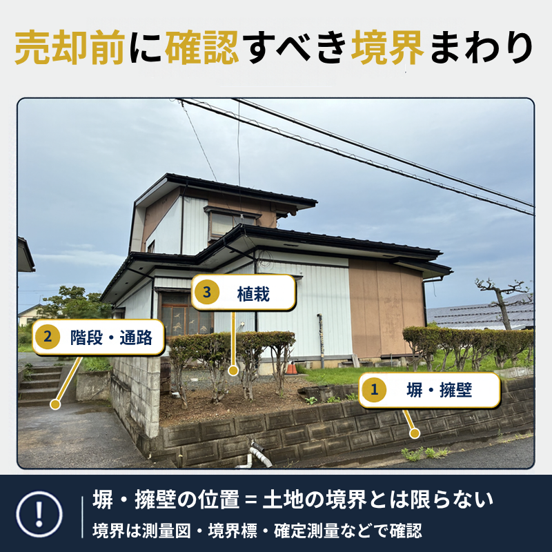 戸建て住宅の実写写真に塀・擁壁、階段・通路、植栽の位置を示し、土地の境界は測量図や境界標などで確認する必要があることを解説した図解