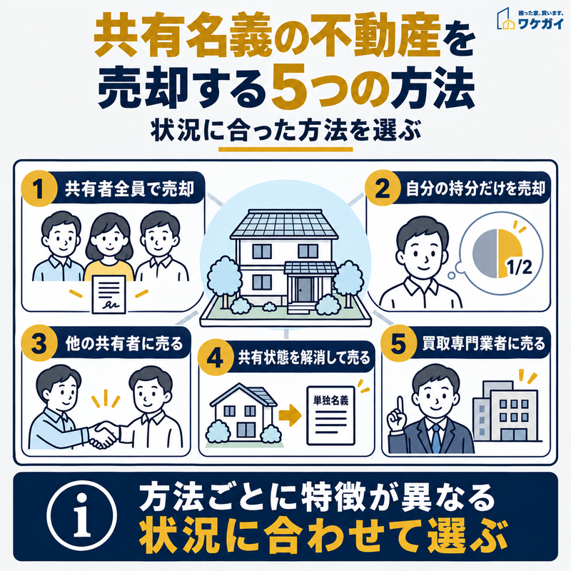 共有者全員での売却、自分の持分のみの売却、他の共有者への売却、共有状態の解消、専門業者への売却という5つの方法を住宅と人物のイラストで比較した図解