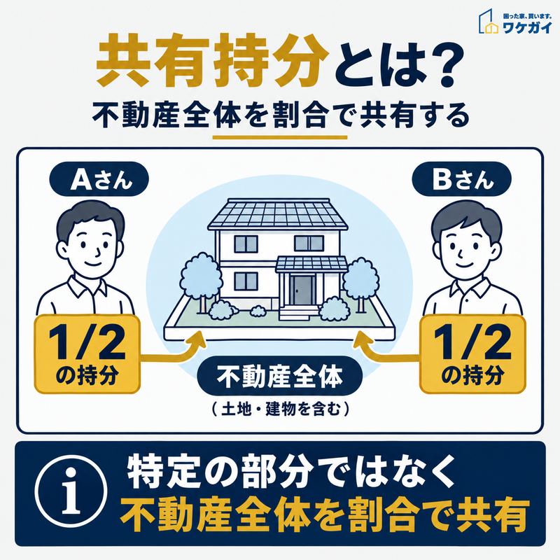 1棟の住宅をAさんとBさんがそれぞれ2分の1ずつ共有し、共有持分が不動産全体に対する所有権の割合であることを示した図解