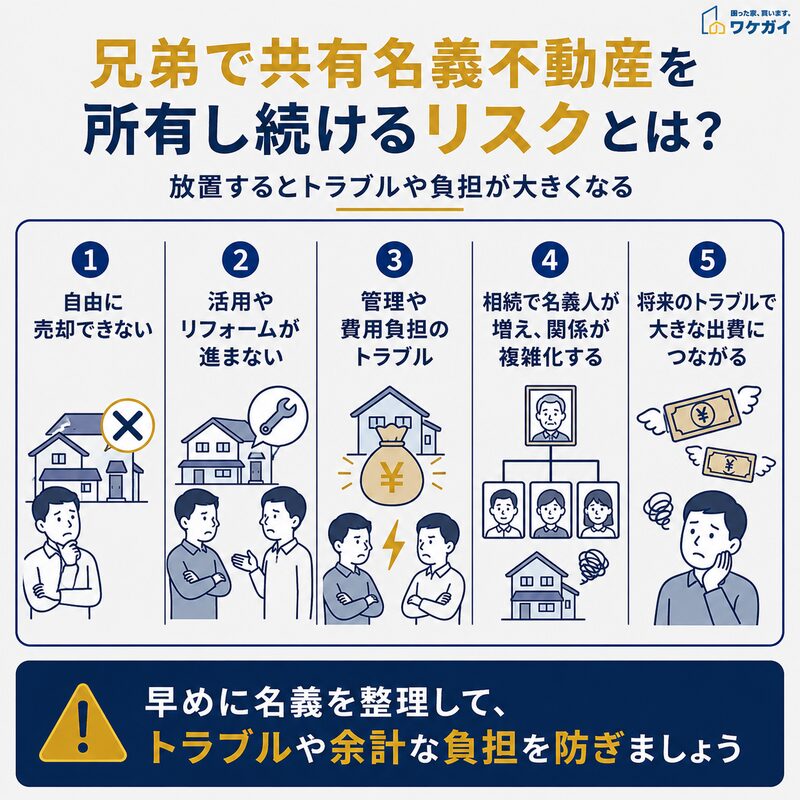 兄弟で共有名義不動産を所有し続ける5つのリスクを示した図解