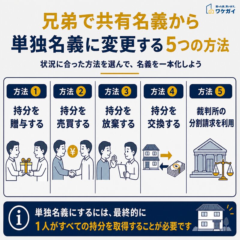 兄弟で共有名義から単独名義に変更する5つの方法を示した図解