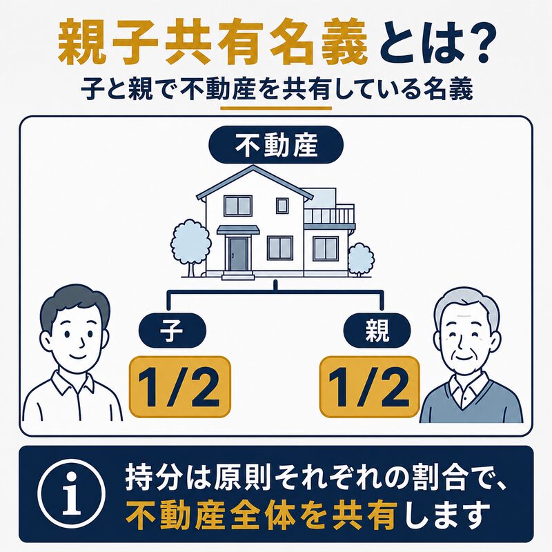親子共有名義で親と子が不動産を共有し、それぞれ持分を所有する仕組みを示した図