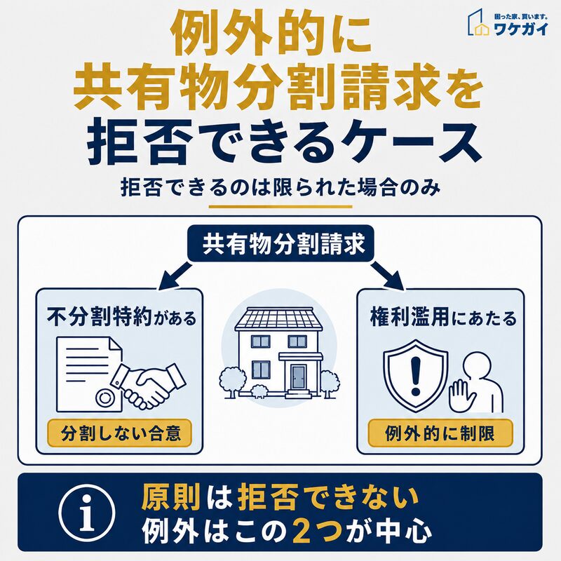 共有物分割請求を例外的に拒否できる不分割特約と権利濫用のケースを示した図