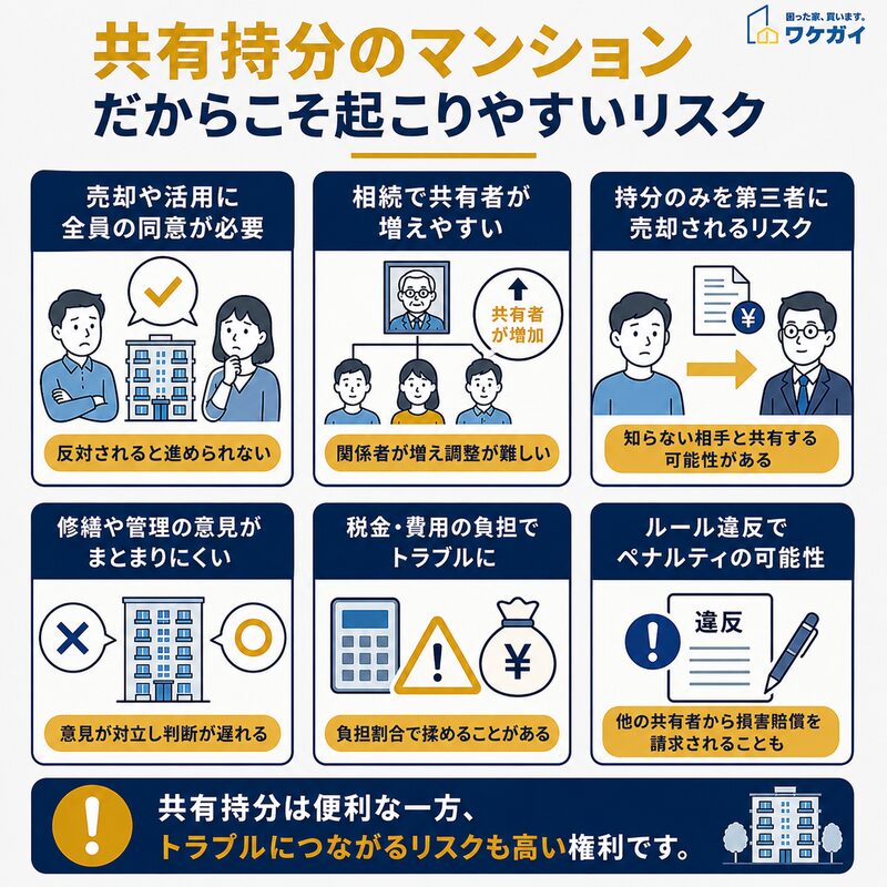 共有持分のマンションで起こりやすい売却・相続・管理・費用負担などのリスクを示した図