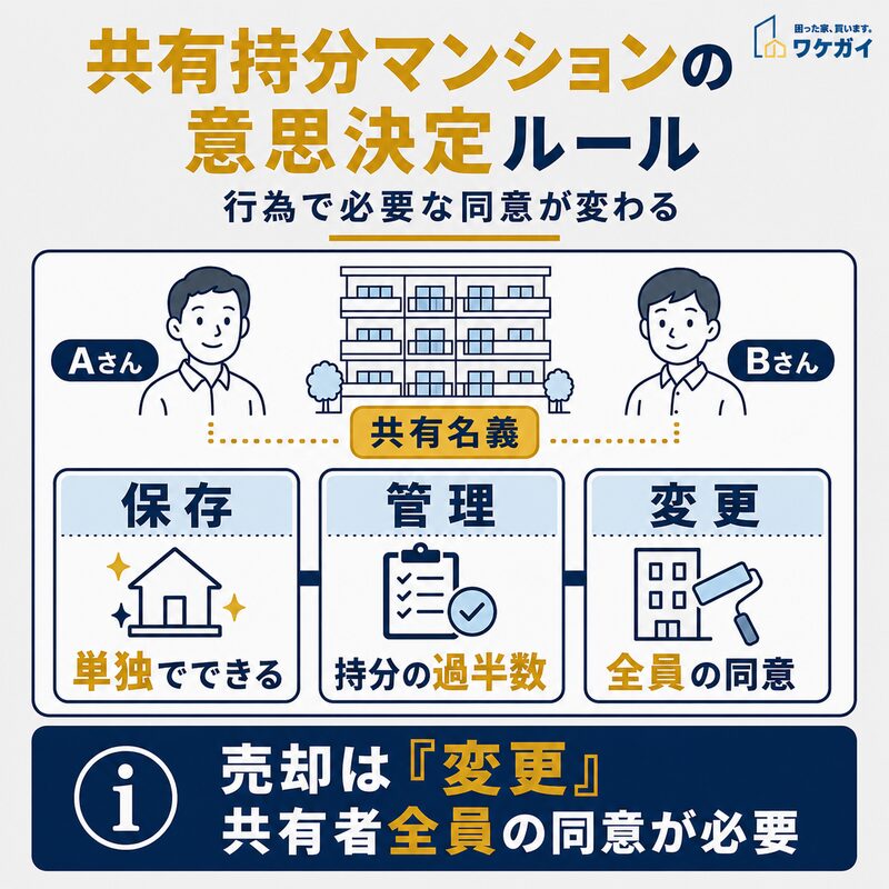 共有持分マンションの意思決定ルールを保存・管理・変更の3区分で示した図