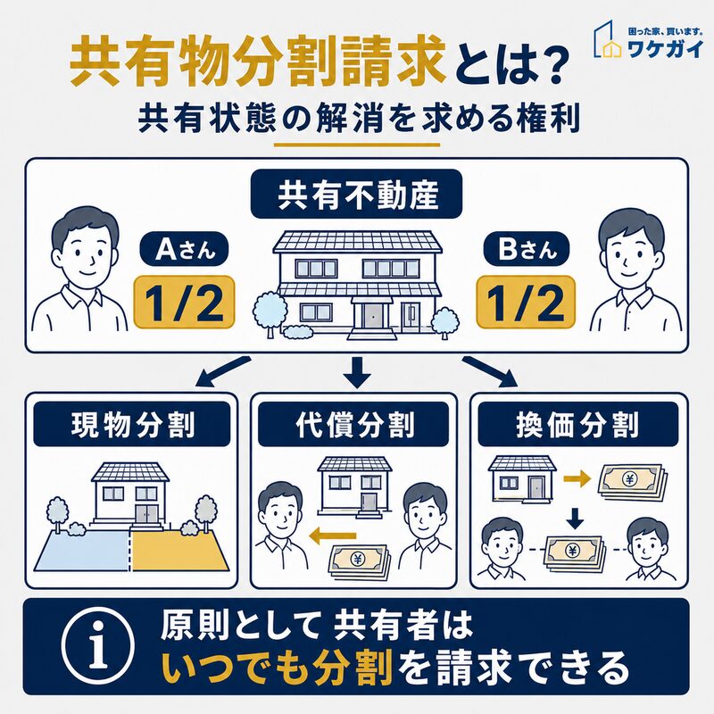 共有物分割請求の仕組みと現物分割・代償分割・換価分割を示した図