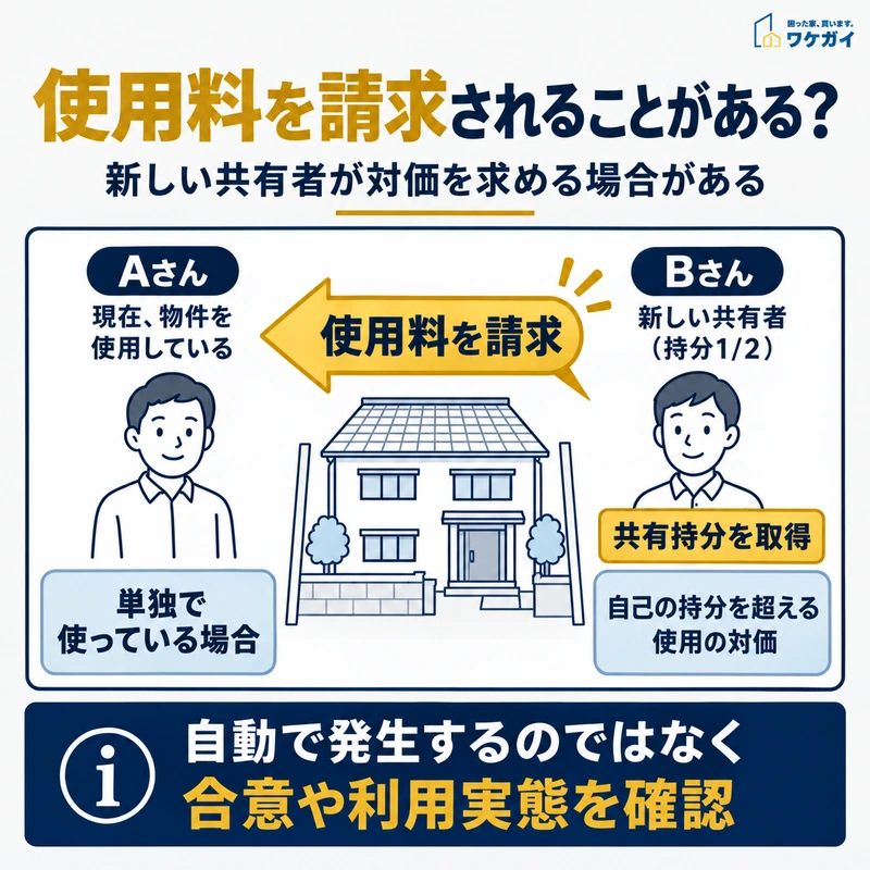新しい共有者が物件を単独使用している共有者へ使用料を請求する関係を示した図