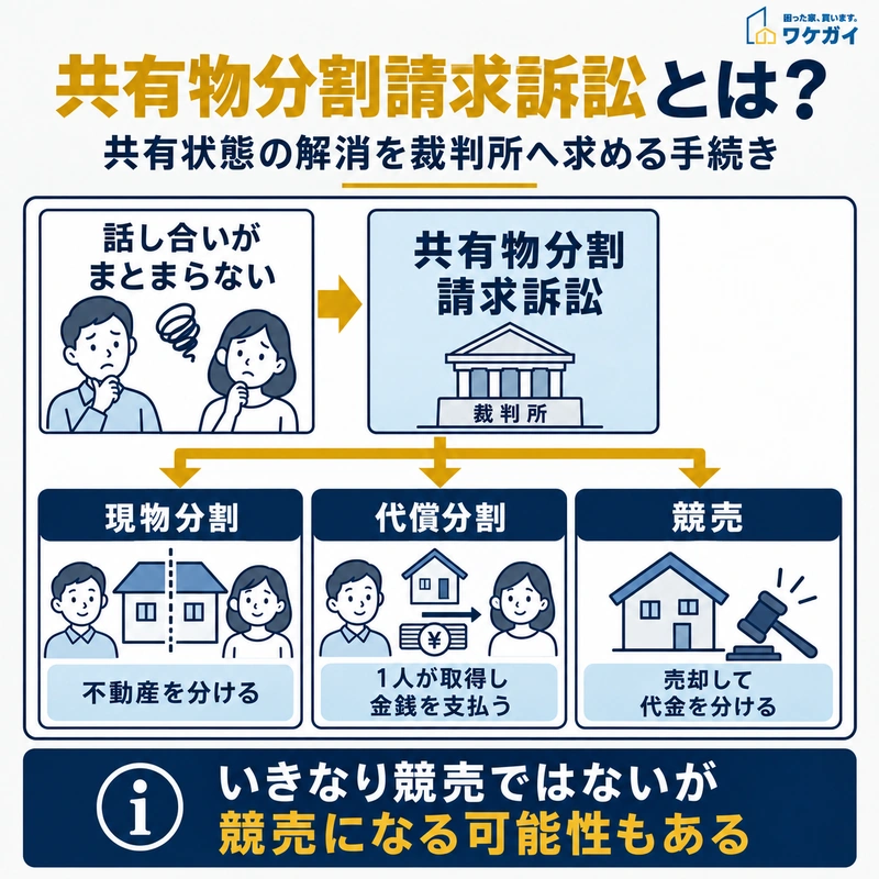 共有物分割請求訴訟から現物分割・代償分割・競売へ分かれる流れを示した図