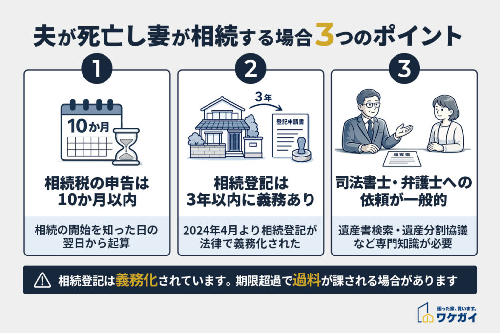 夫が死亡し妻が相続する場合の3つのポイント