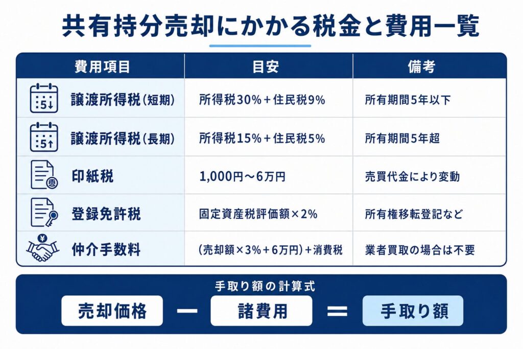 共有持分売却にかかる税金と費用一覧