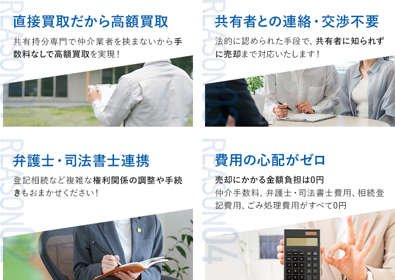 ・直接取引だから高額買取・弁護士司法書士連携・共有者との連絡交渉不要・費用の心配がゼロ