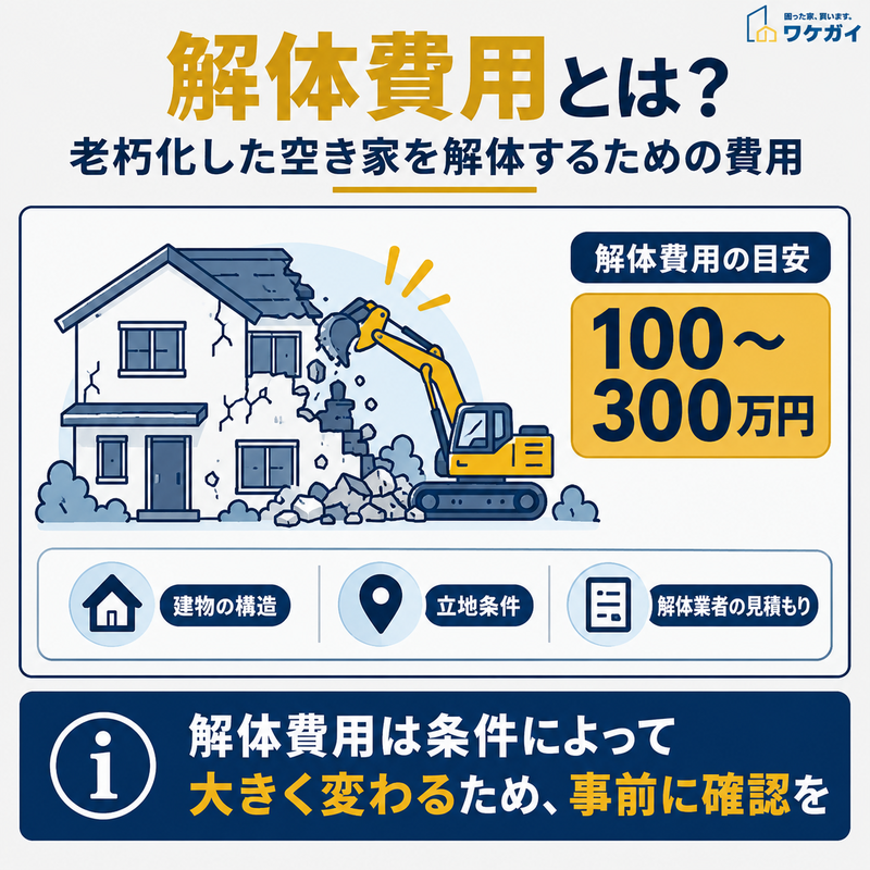 空き家の解体費用の目安と、建物の構造・立地条件・解体業者の見積もりで費用が変わることを示した図解